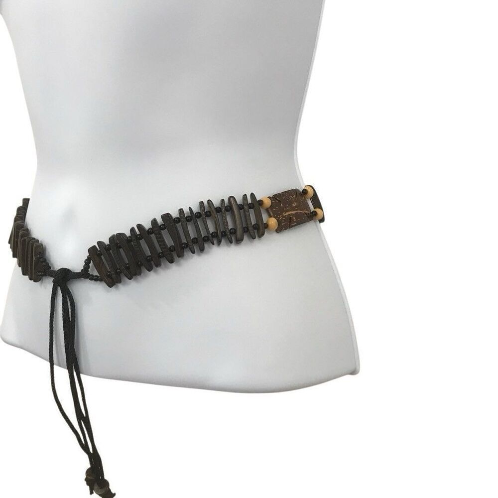 Bohemian Vintage Wooden Plank Beaded Long Self Tie Brown Hippie Belt - Picture 2 of 5
